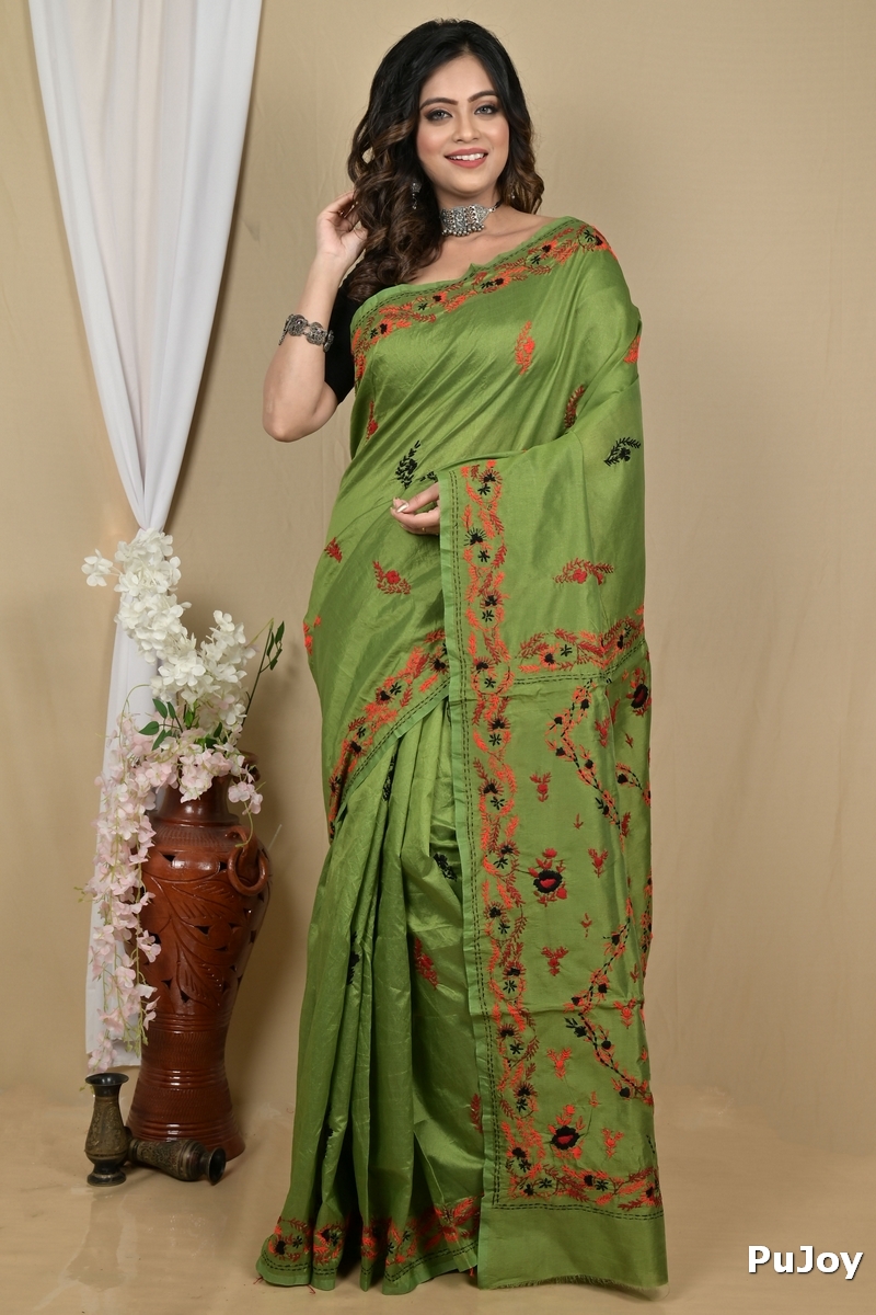 Dark Green Cotton Piaja Kantha Stitch Saree (2150)