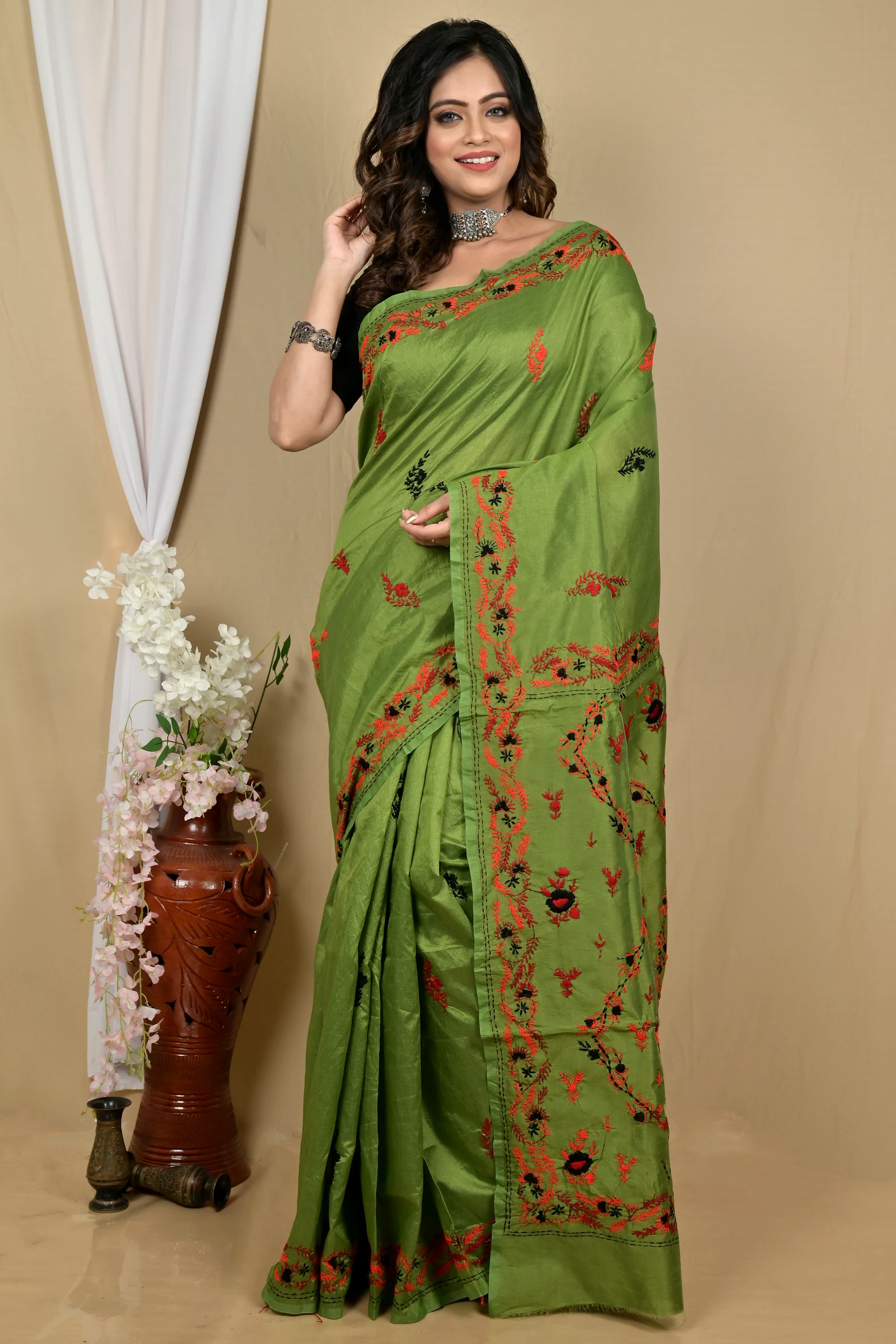 Dark Green Cotton Piaja Kantha Stitch Saree (2150)