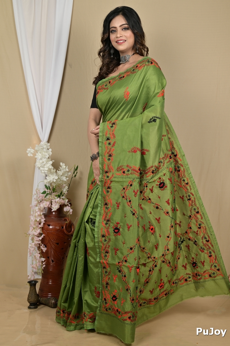 Dark Green Cotton Piaja Kantha Stitch Saree (2150)