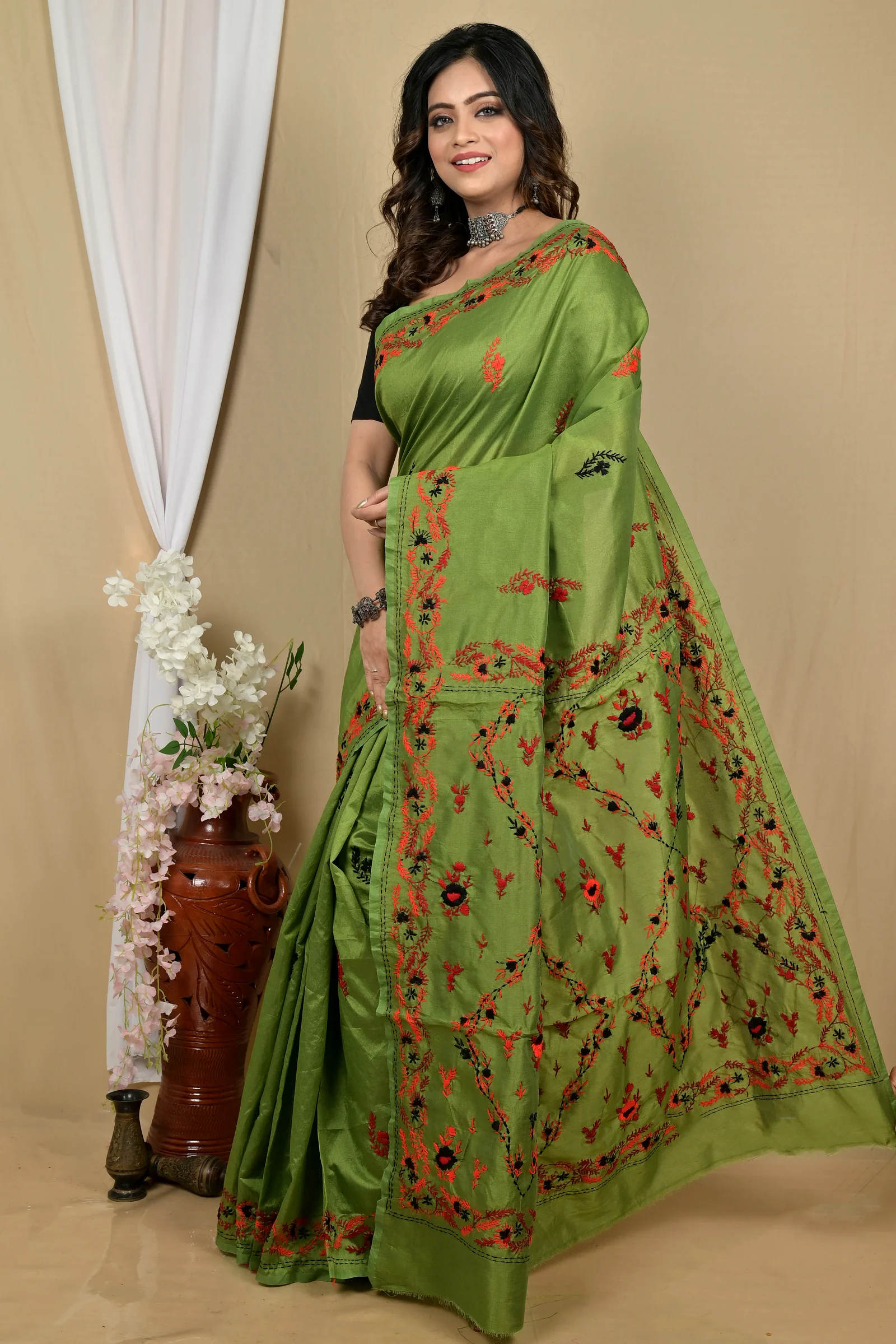 Dark Green Cotton Piaja Kantha Stitch Saree (2150)