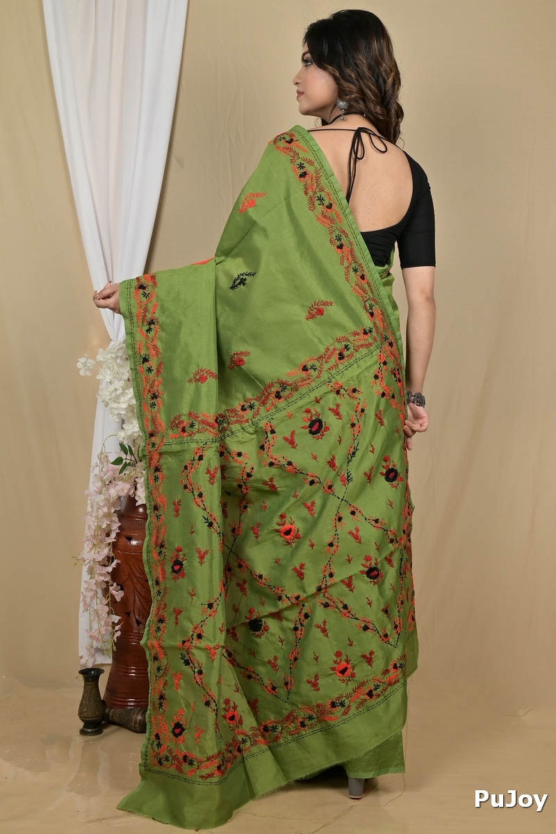 Dark Green Cotton Piaja Kantha Stitch Saree (2150)