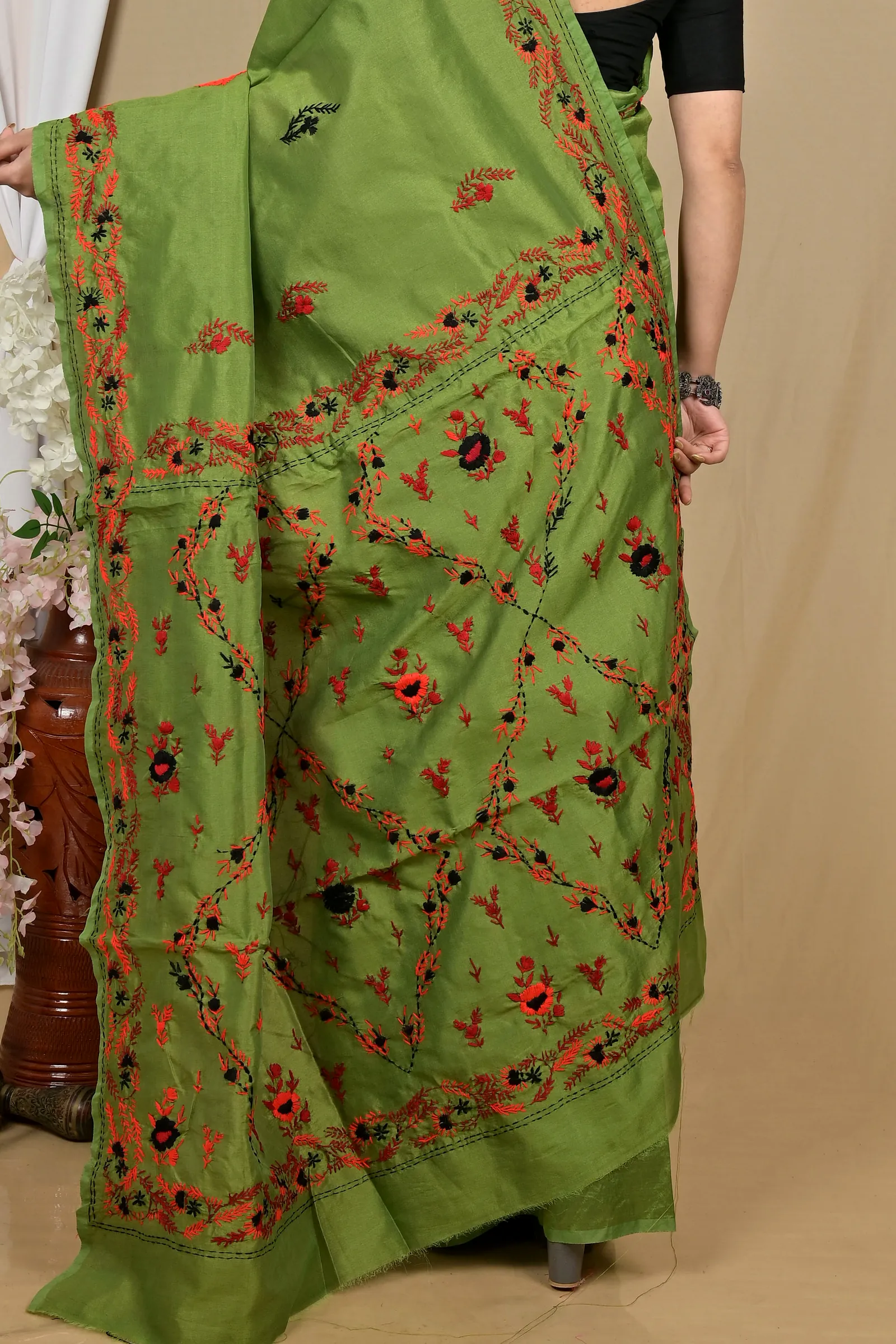 Dark Green Cotton Piaja Kantha Stitch Saree (2150)
