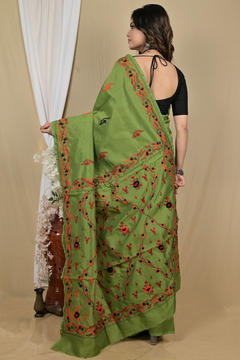 Dark Green Cotton Piaja Kantha Stitch Saree (2150)