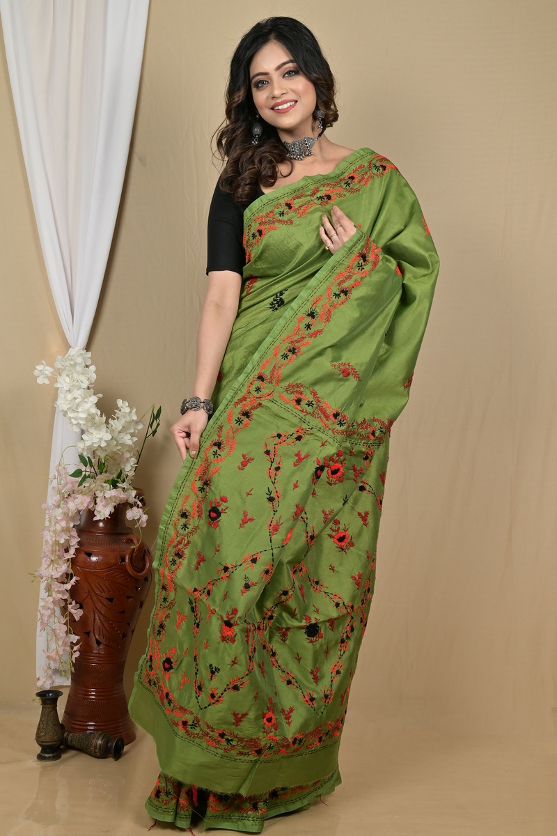 Dark Green Cotton Piaja Kantha Stitch Saree (2150)