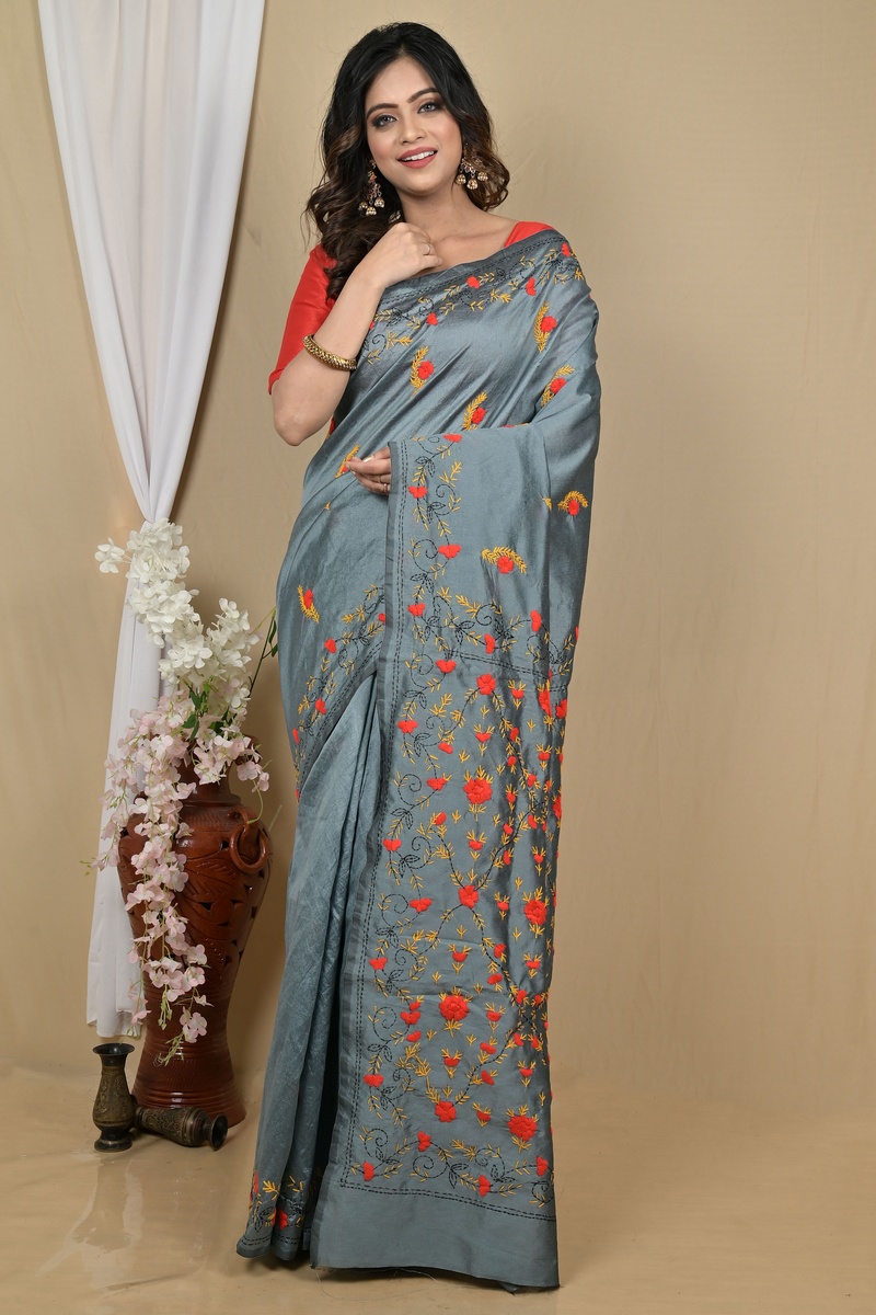 Grey Cotton Piaja Kantha Stitch Saree (2151)