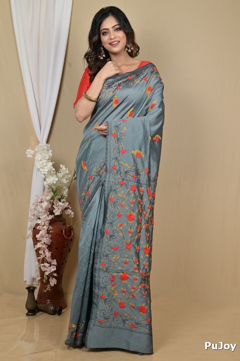 Grey Cotton Piaja Kantha Stitch Saree (2151)