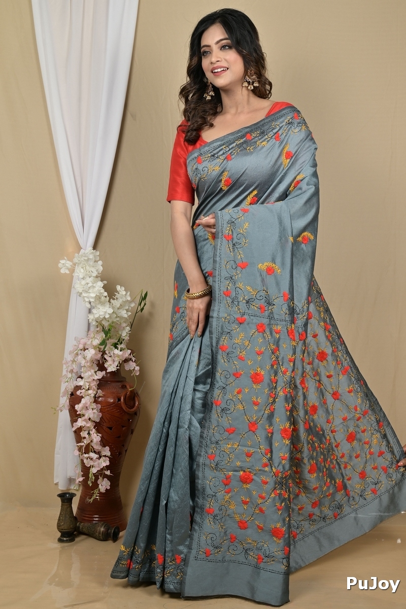 Grey Cotton Piaja Kantha Stitch Saree (2151)