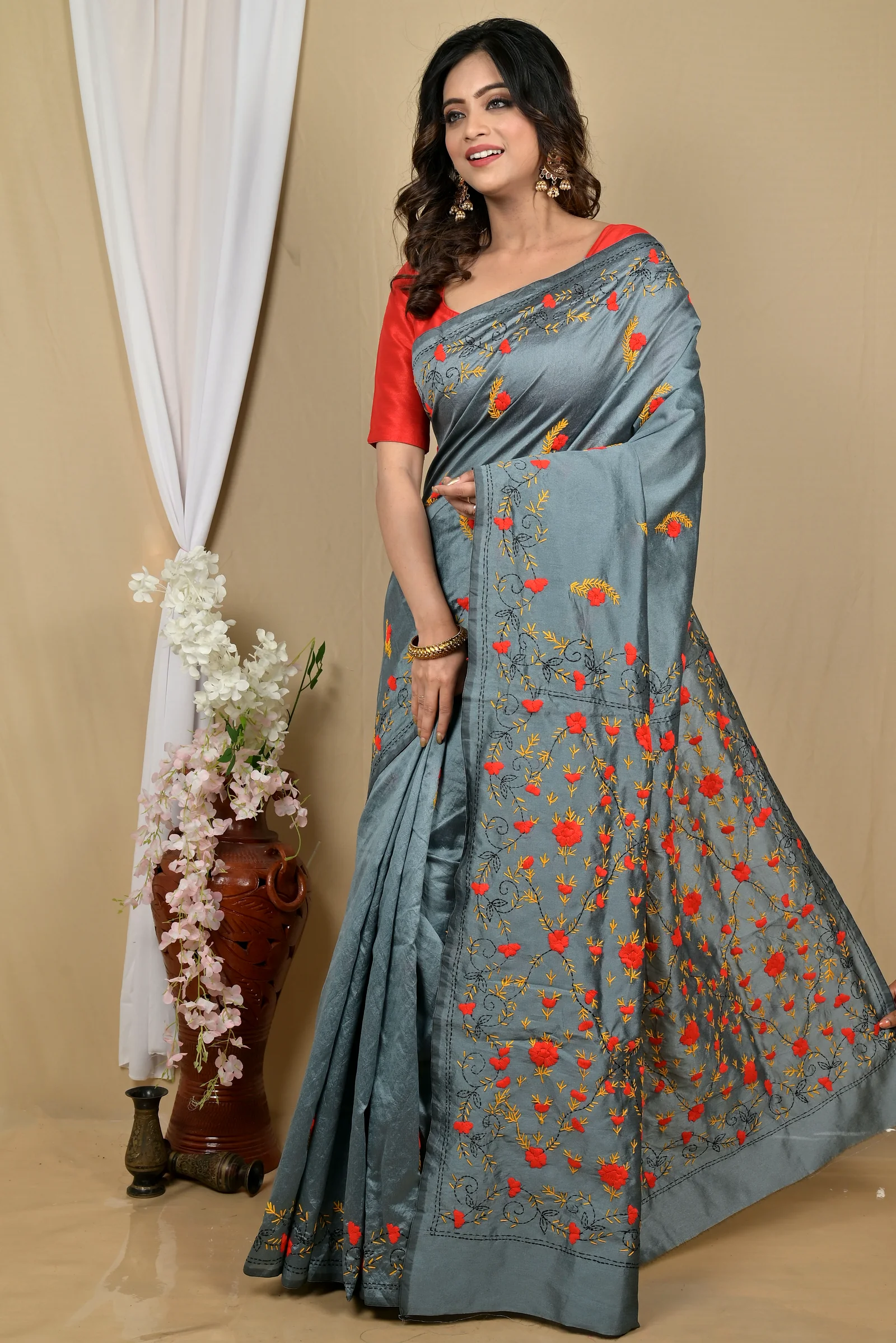 Grey Cotton Piaja Kantha Stitch Saree (2151)