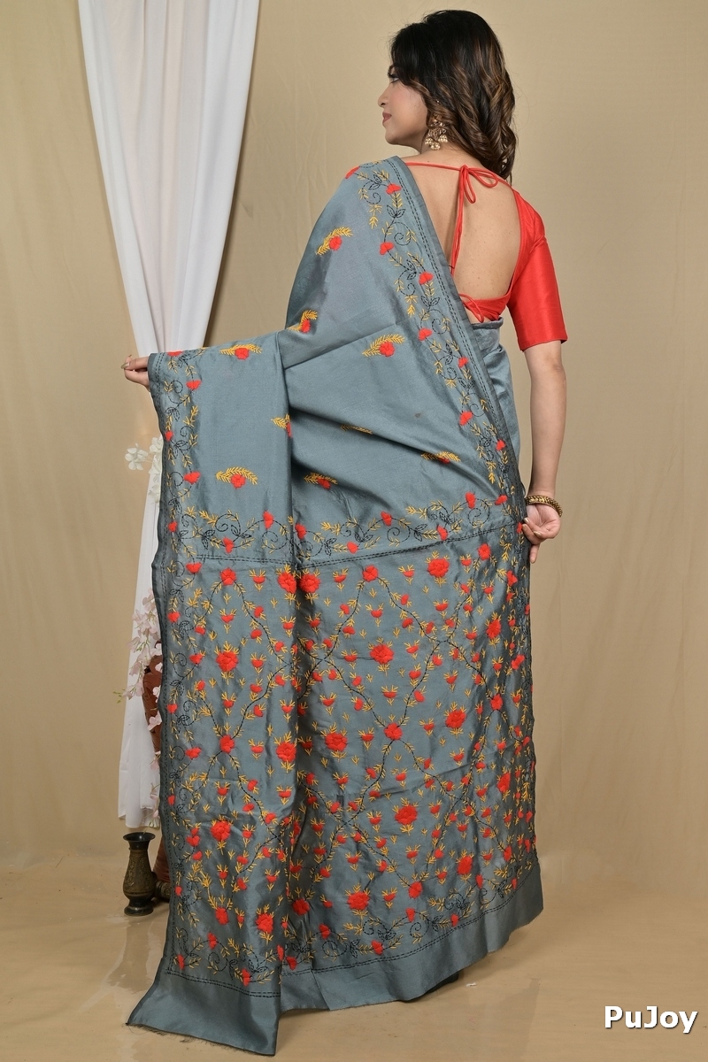 Grey Cotton Piaja Kantha Stitch Saree (2151)