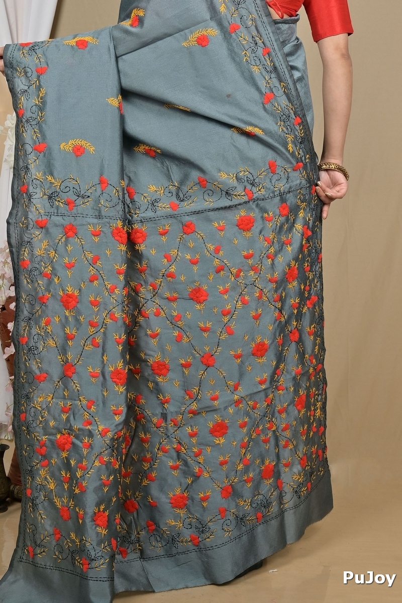Grey Cotton Piaja Kantha Stitch Saree (2151)