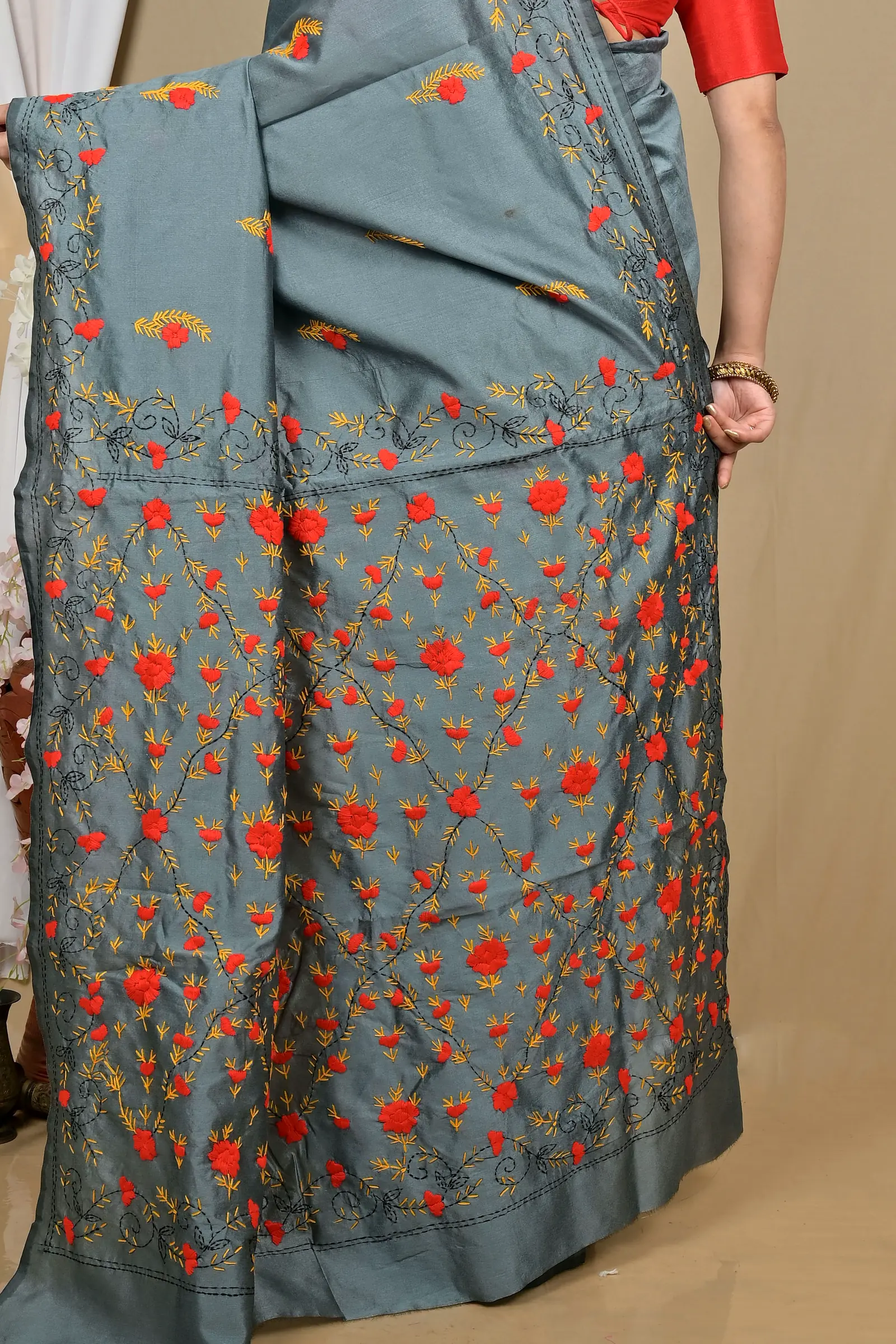 Grey Cotton Piaja Kantha Stitch Saree (2151)
