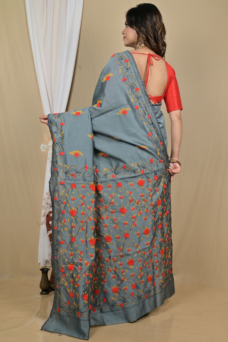 Grey Cotton Piaja Kantha Stitch Saree (2151)