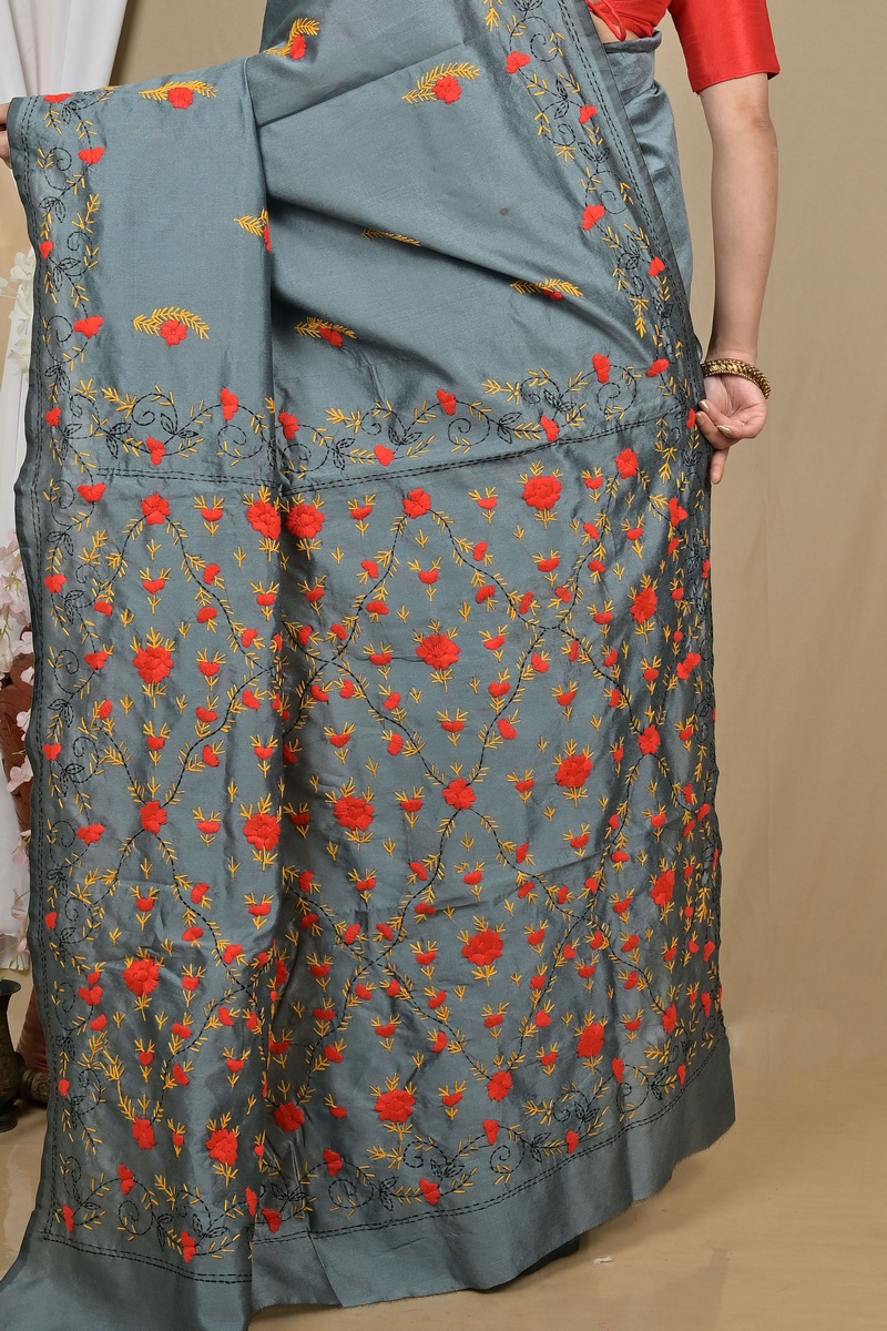 Grey Cotton Piaja Kantha Stitch Saree (2151)