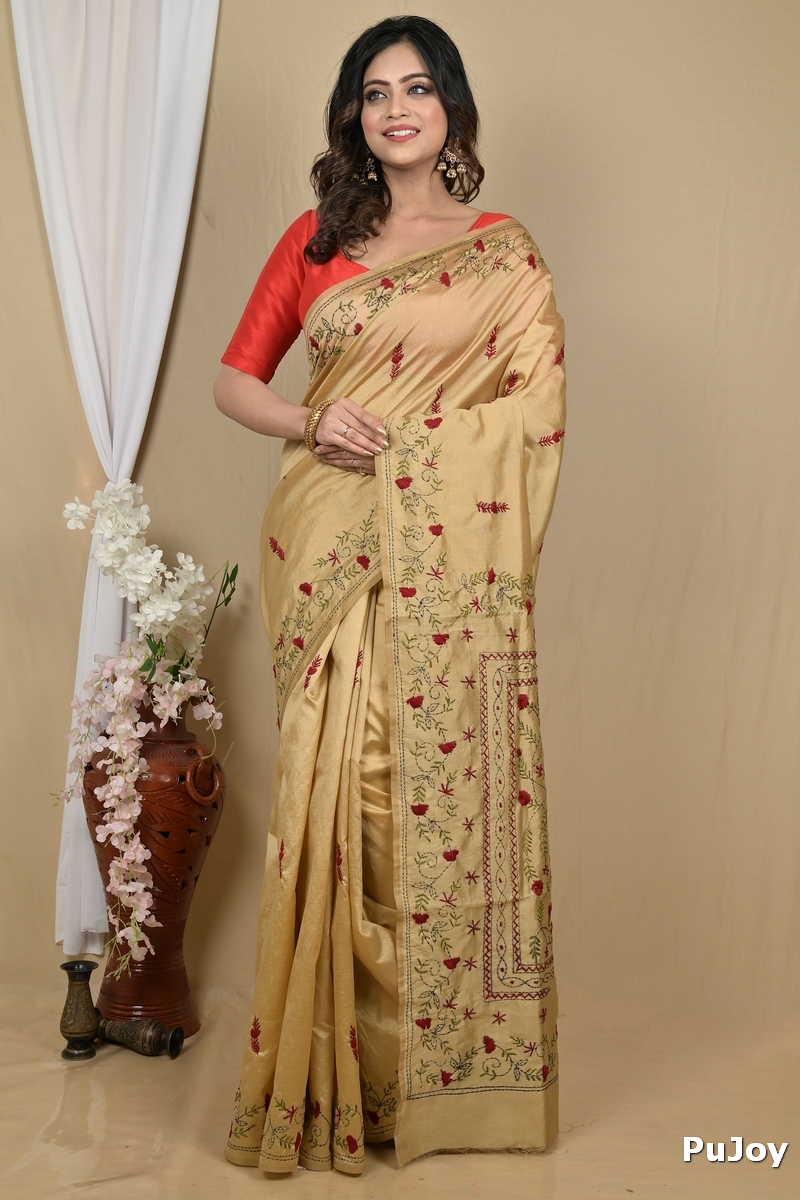 Golden Cotton Piaja Kantha Stitch Saree (2152)