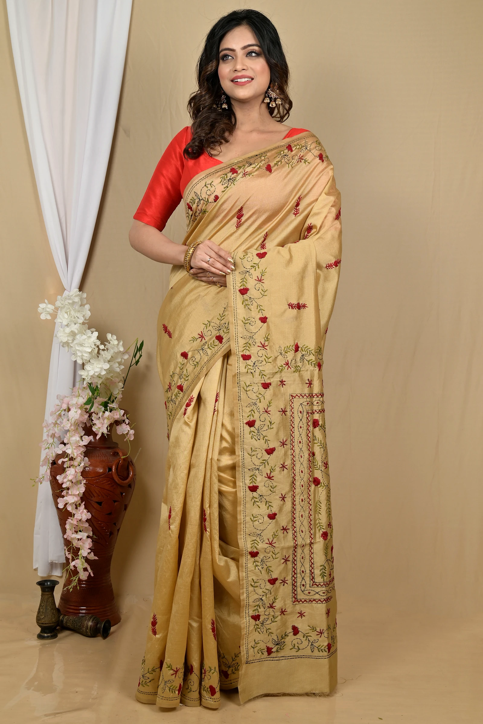 Golden Cotton Piaja Kantha Stitch Saree (2152)