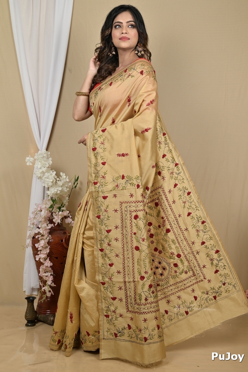 Golden Cotton Piaja Kantha Stitch Saree (2152)
