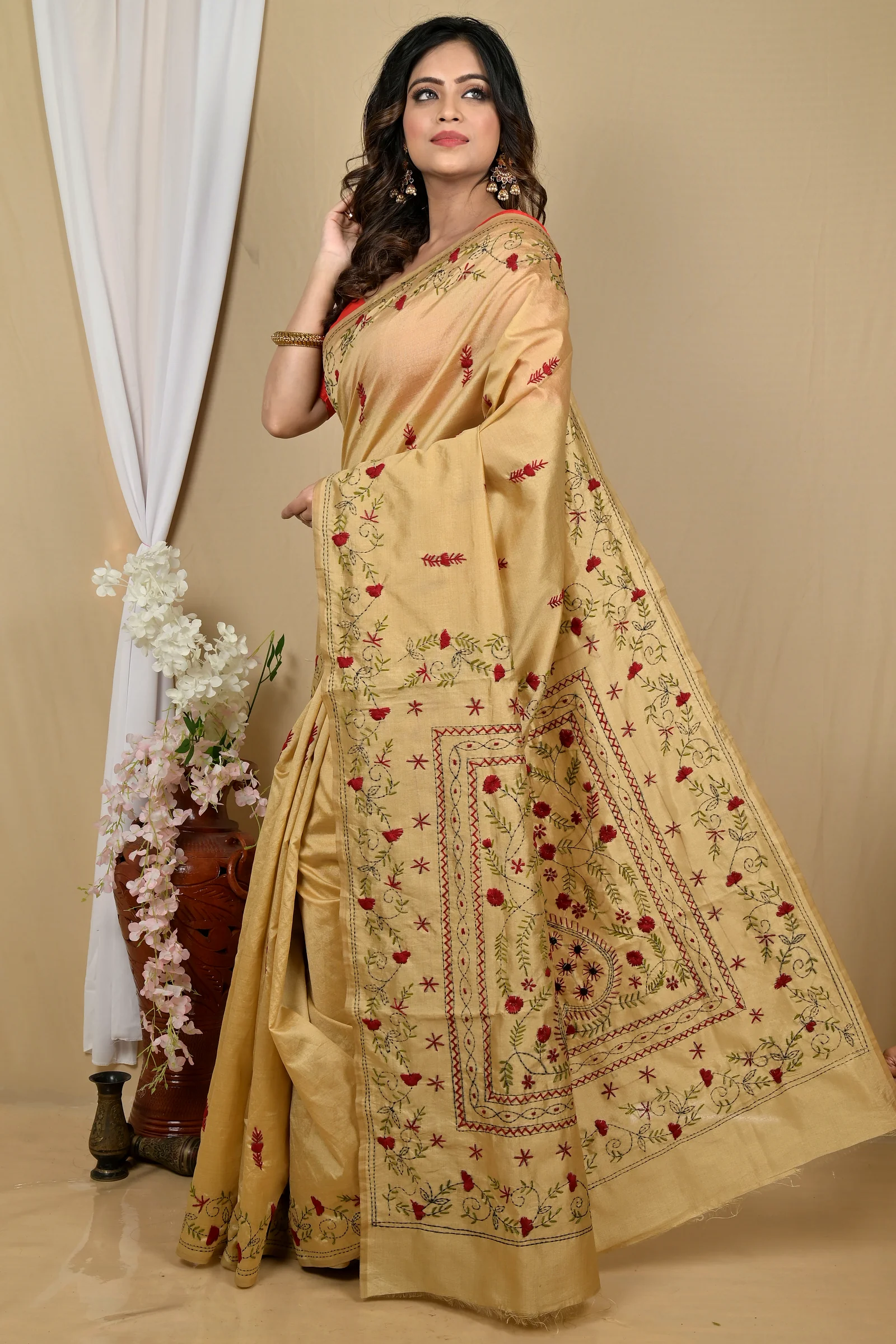 Golden Cotton Piaja Kantha Stitch Saree (2152)