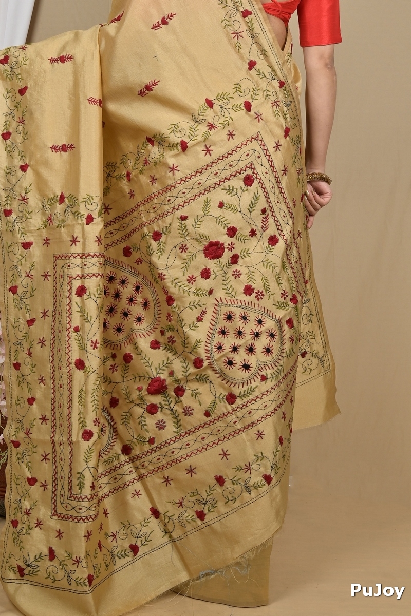 Golden Cotton Piaja Kantha Stitch Saree (2152)