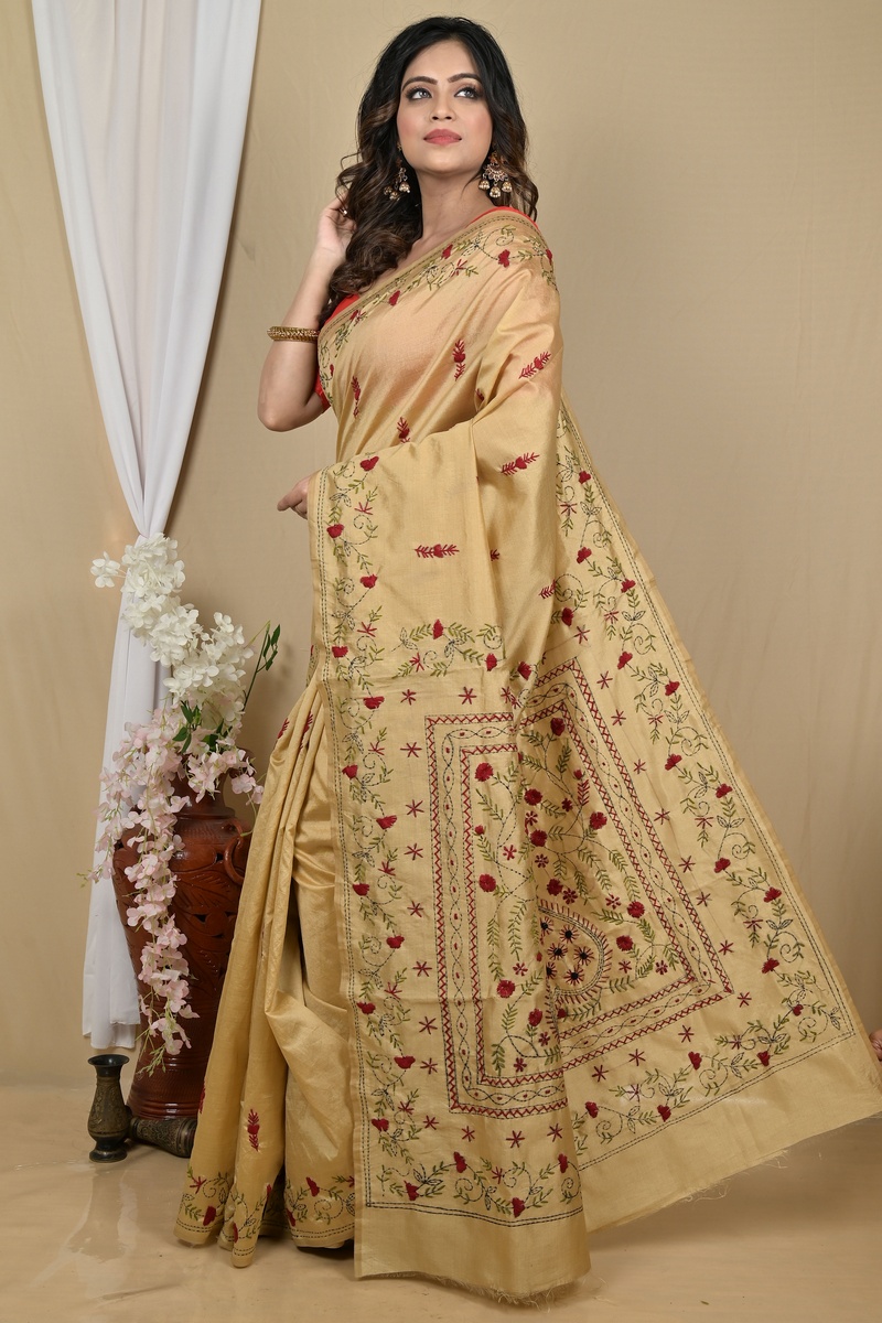 Golden Cotton Piaja Kantha Stitch Saree (2152)