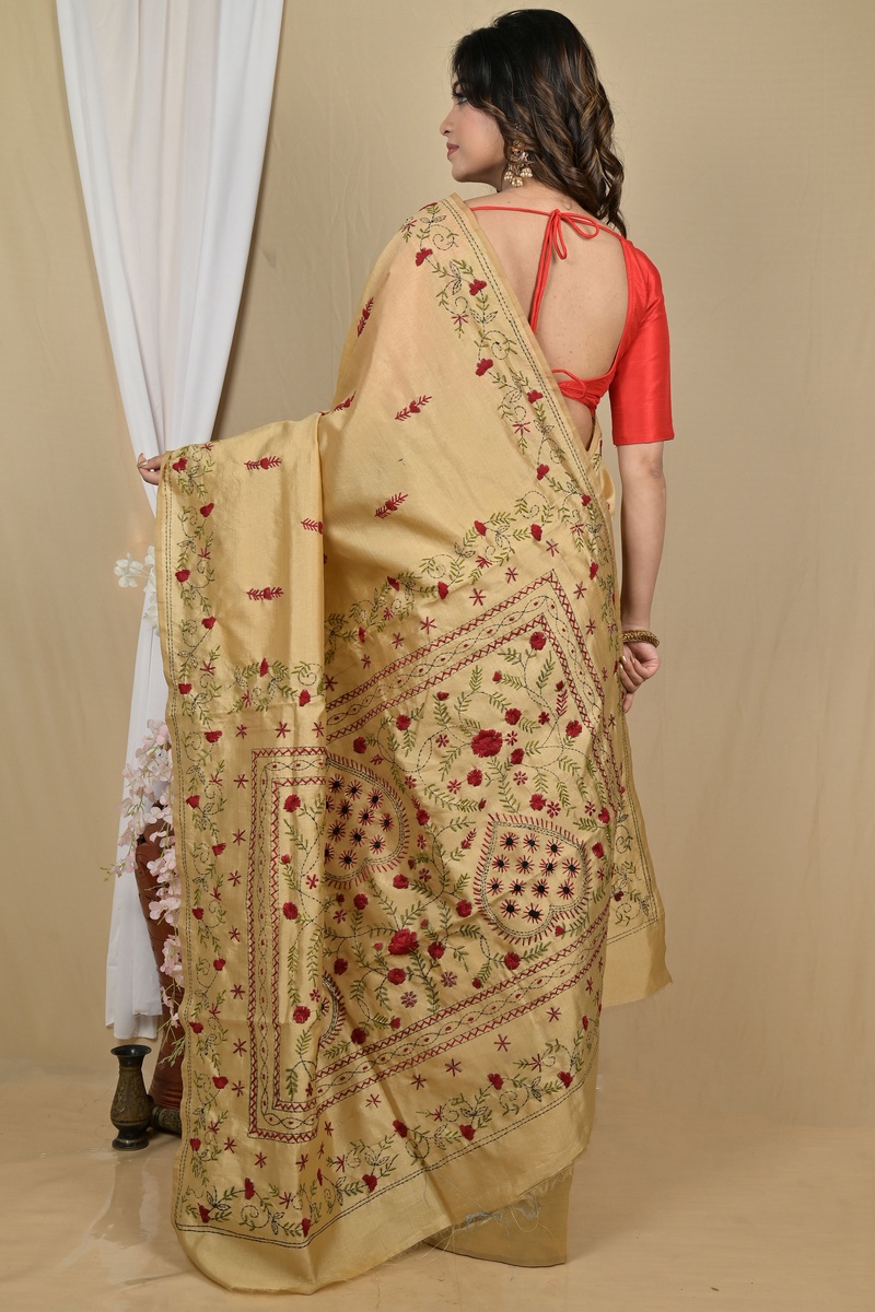 Golden Cotton Piaja Kantha Stitch Saree (2152)