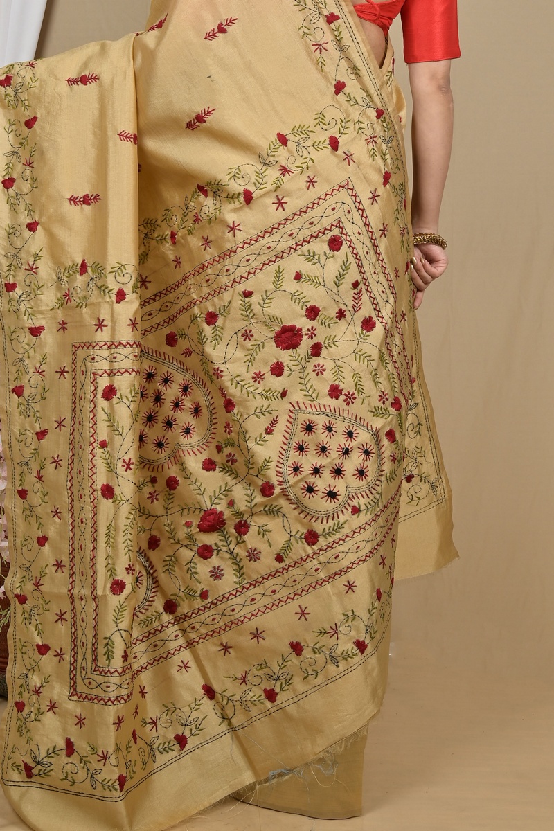 Golden Cotton Piaja Kantha Stitch Saree (2152)