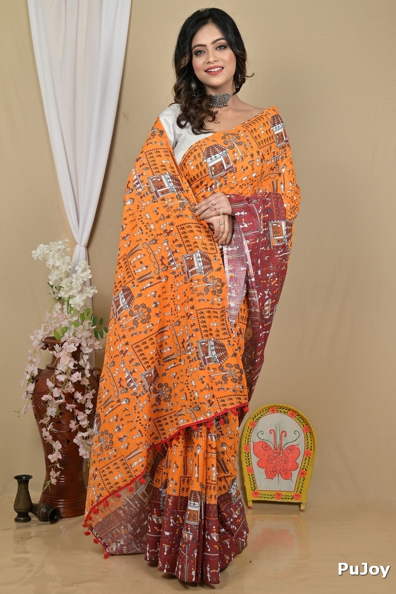 Yellow Brown Pure Cotton Giana Kalamkari Printed Saree (2153)