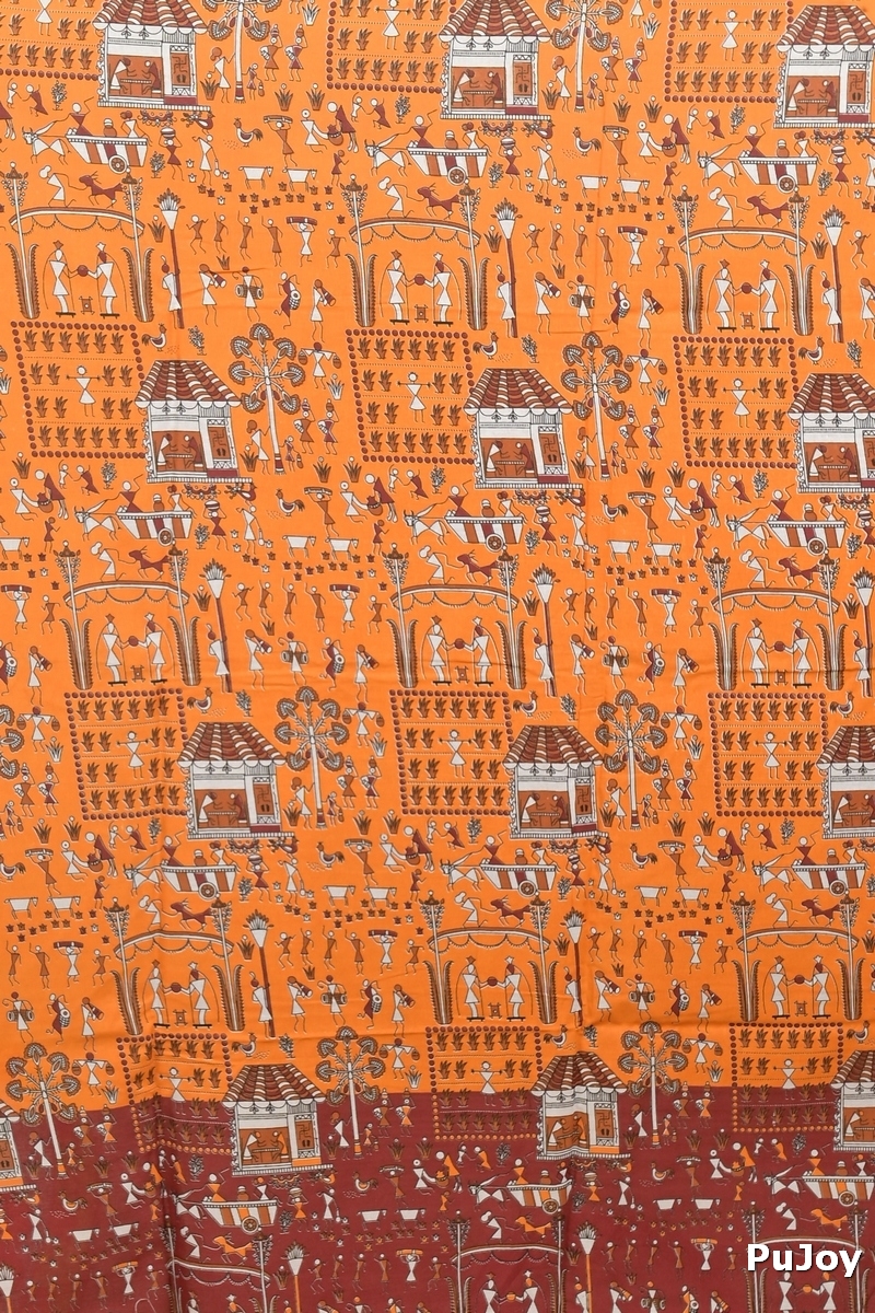 Yellow Brown Pure Cotton Giana Kalamkari Printed Saree (2153)