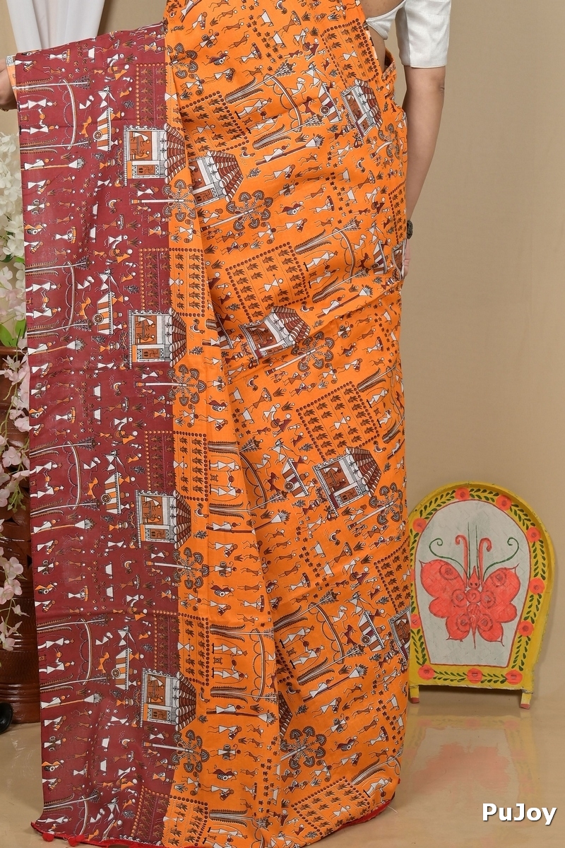 Yellow Brown Pure Cotton Giana Kalamkari Printed Saree (2153)