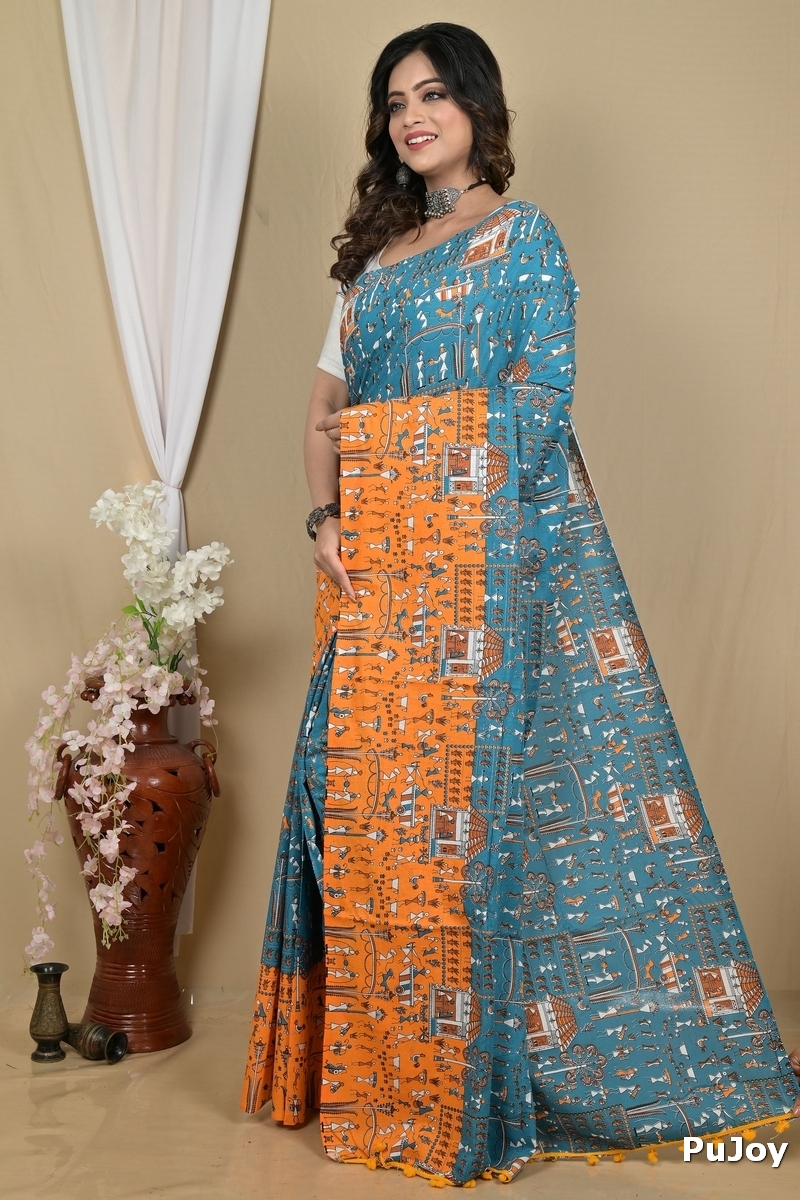 Blue Yellow Pure Cotton Giana Kalamkari Printed Saree (2154)