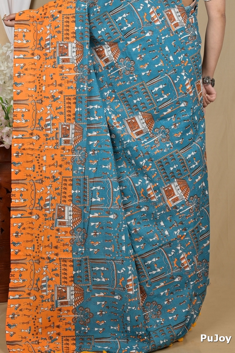 Blue Yellow Pure Cotton Giana Kalamkari Printed Saree (2154)