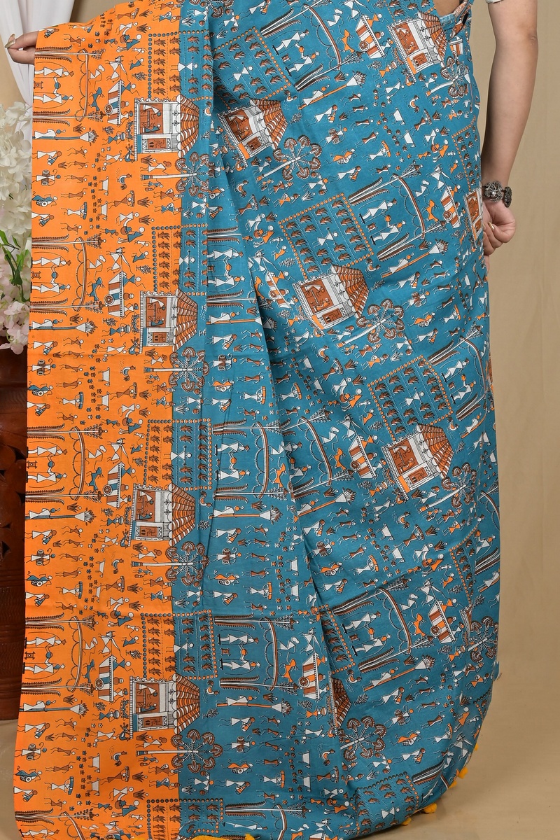 Blue Yellow Pure Cotton Giana Kalamkari Printed Saree (2154)