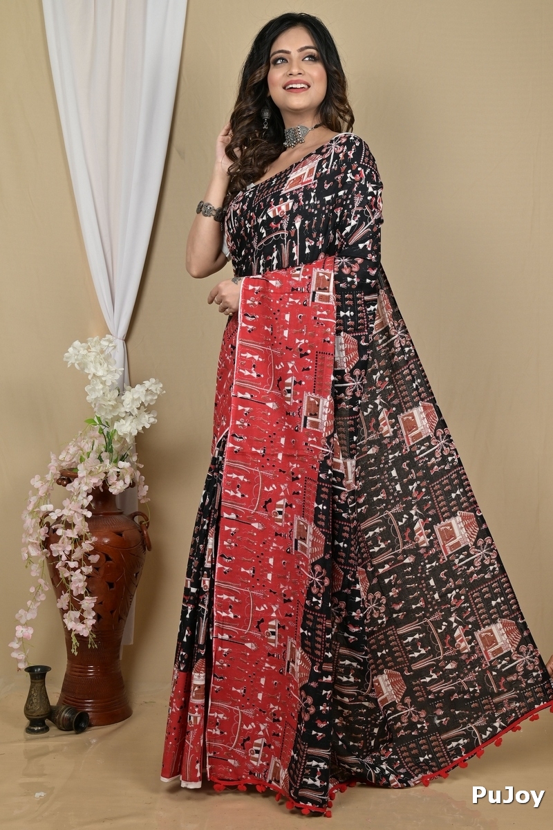 Black Red Pure Cotton Giana Kalamkari Printed Saree (2155)
