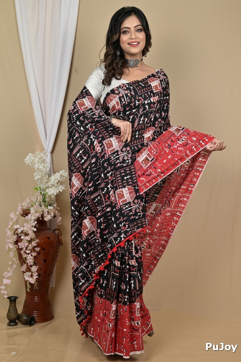 Black Red Pure Cotton Giana Kalamkari Printed Saree (2155)