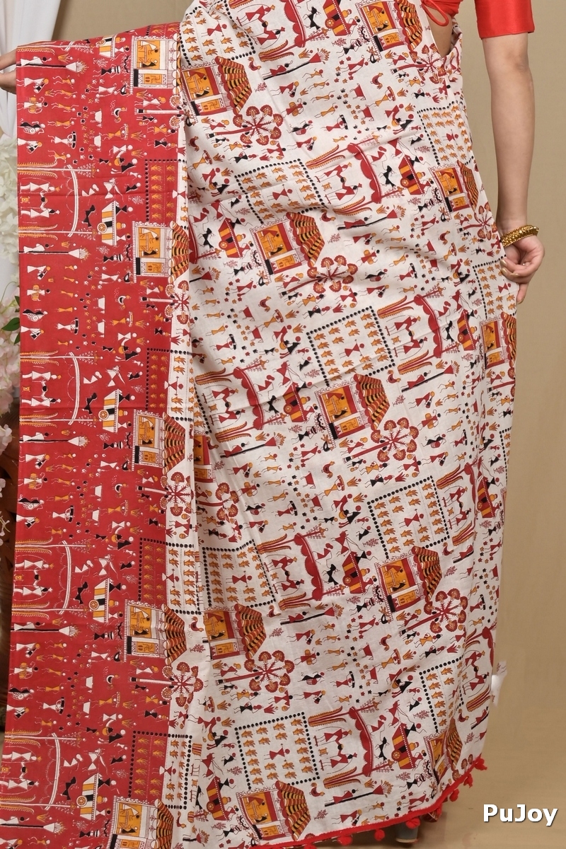 White Red Pure Cotton Giana Kalamkari Printed Saree (2157)