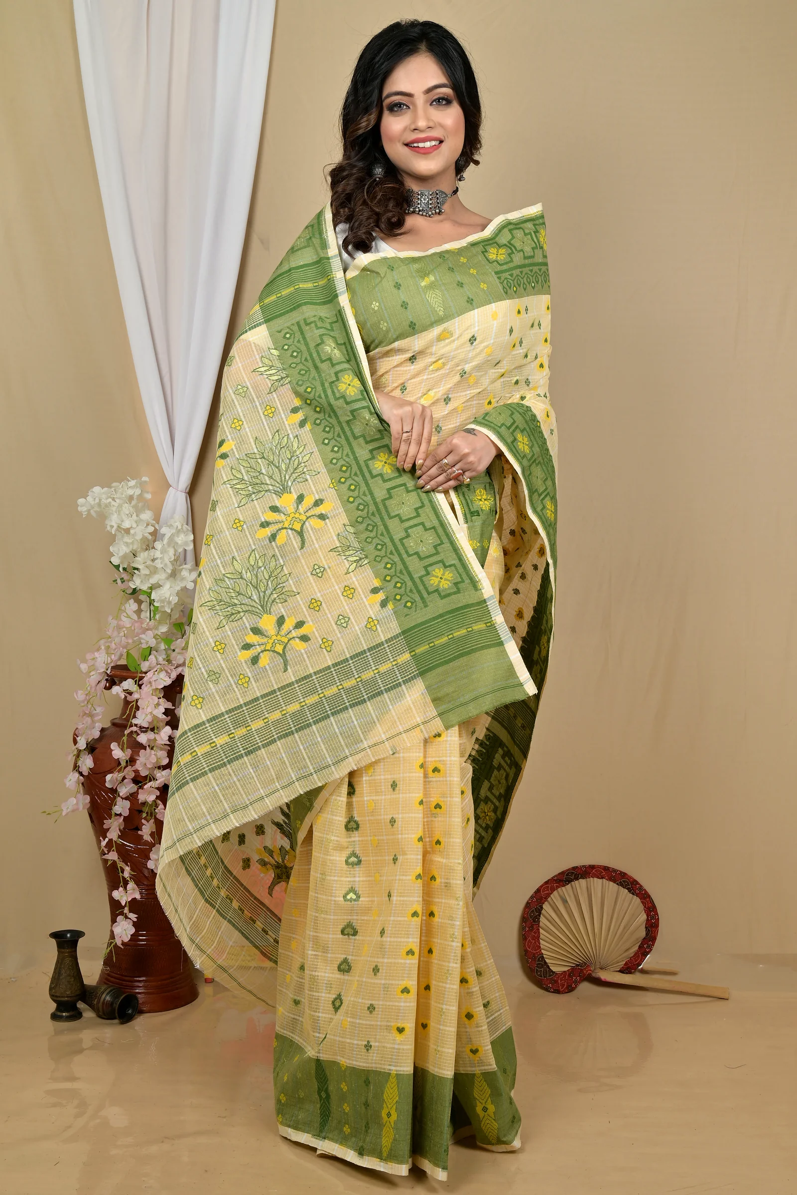 Cream Pure Cotton Ginni Jamdani Saree (2158)