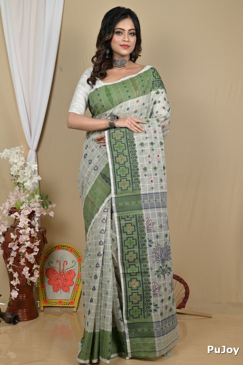 Green Pure Cotton Ginni Jamdani Saree (2159)
