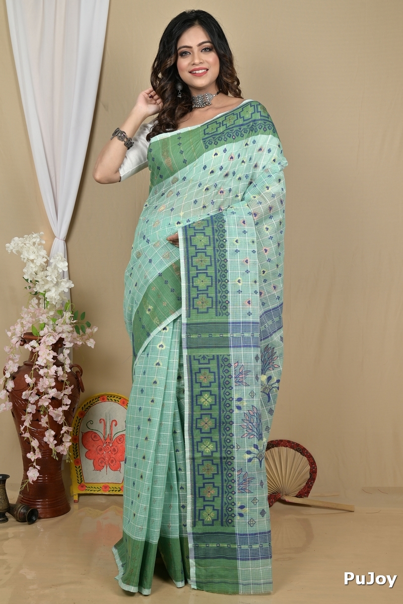 See Green Pure Cotton Ginni Jamdani Saree (2160)