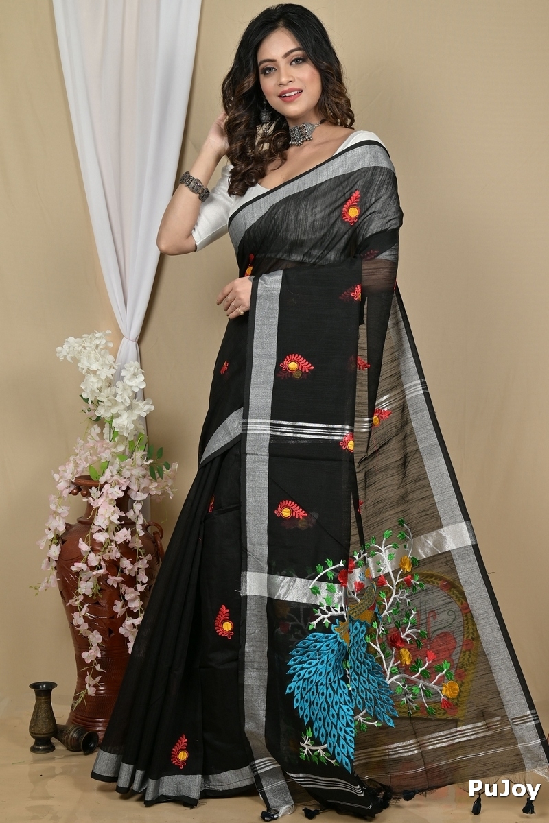 Black Blended Cotton Gijaa Embroidery Handloom saree (2161)
