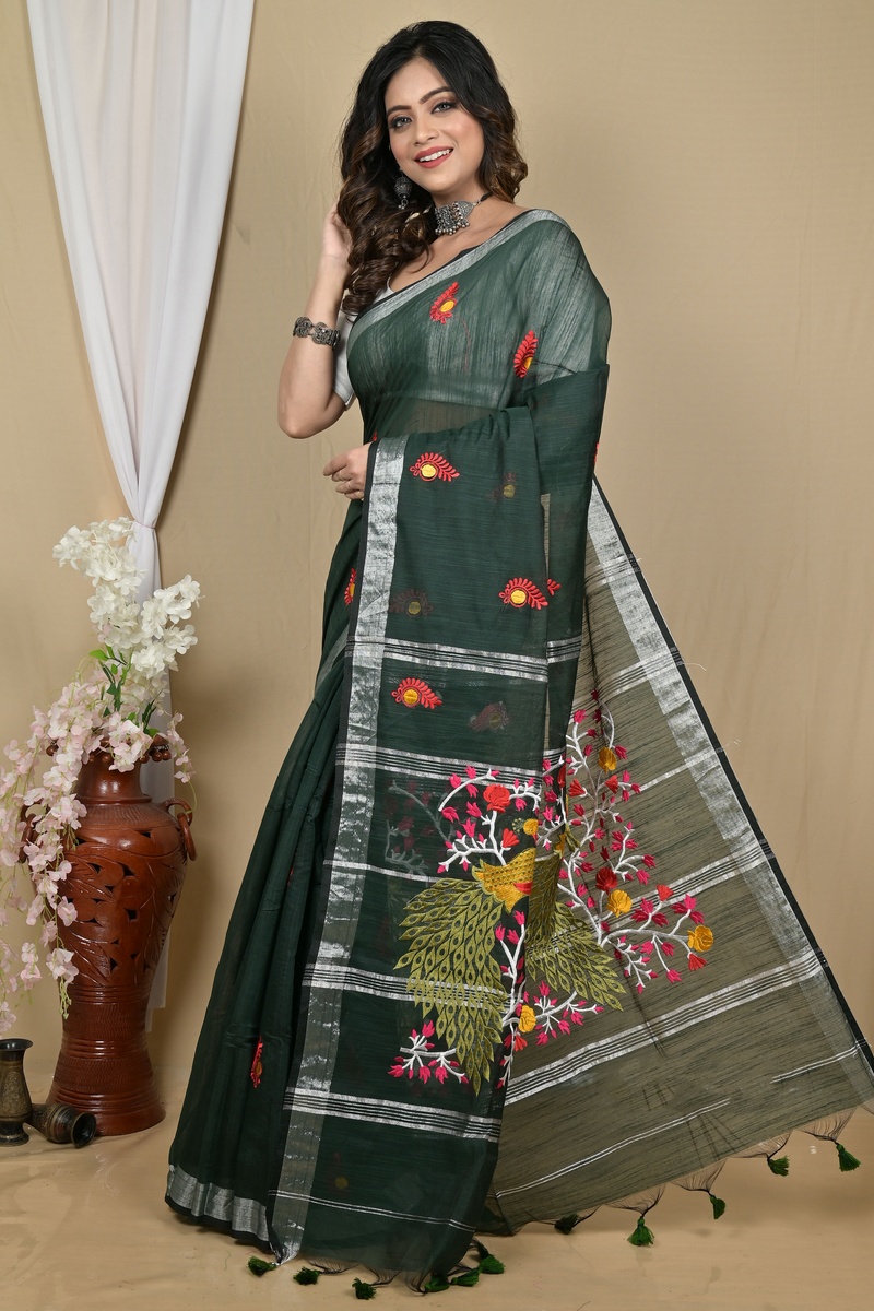 Dark Green Blended Cotton Gijaa Embroidery Handloom saree (2162)