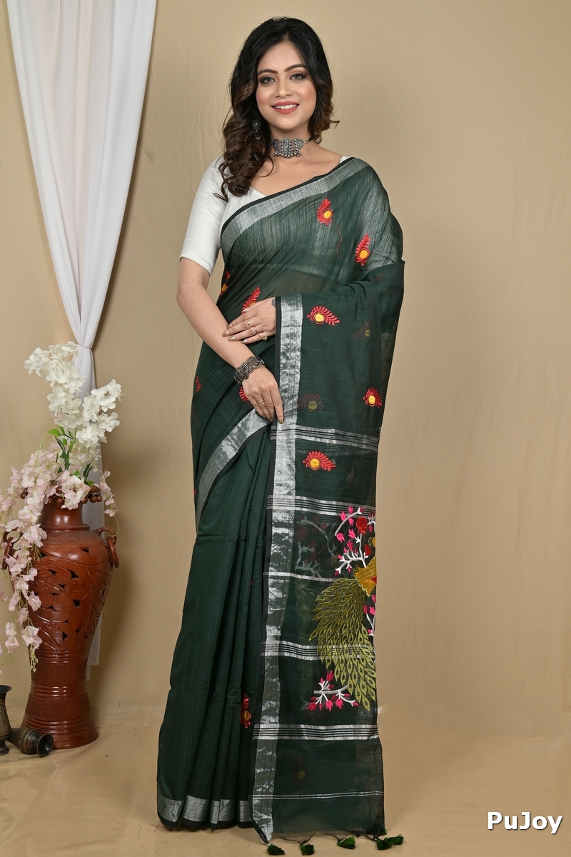 Dark Green Blended Cotton Gijaa Embroidery Handloom saree (2162)