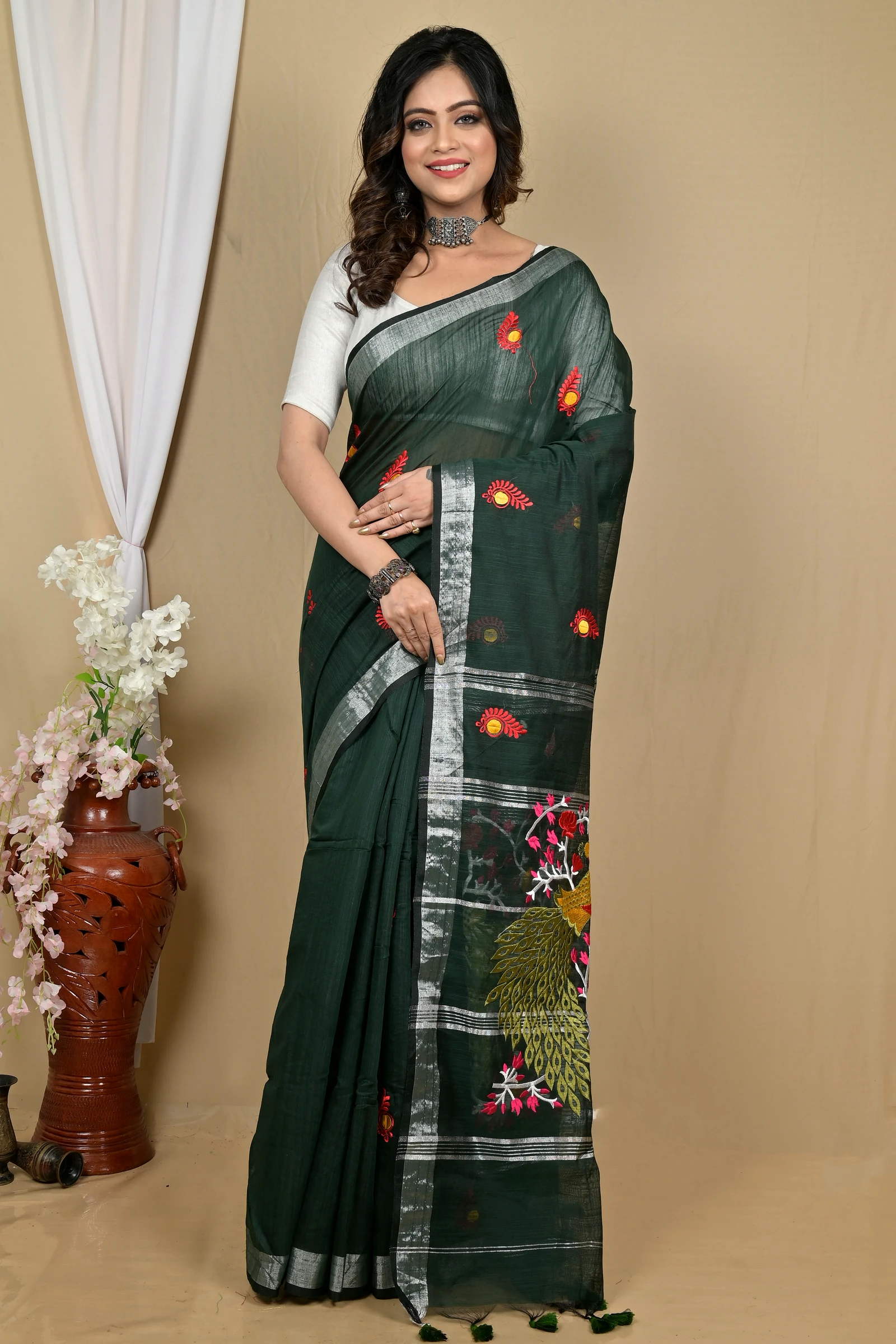 Dark Green Blended Cotton Gijaa Embroidery Handloom saree (2162)