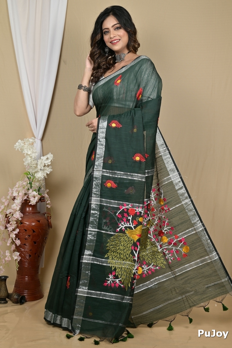 Dark Green Blended Cotton Gijaa Embroidery Handloom saree (2162)