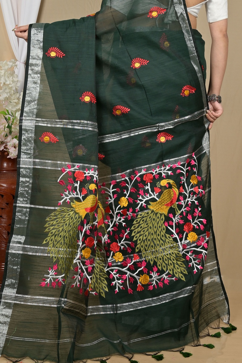 Dark Green Blended Cotton Gijaa Embroidery Handloom saree (2162)