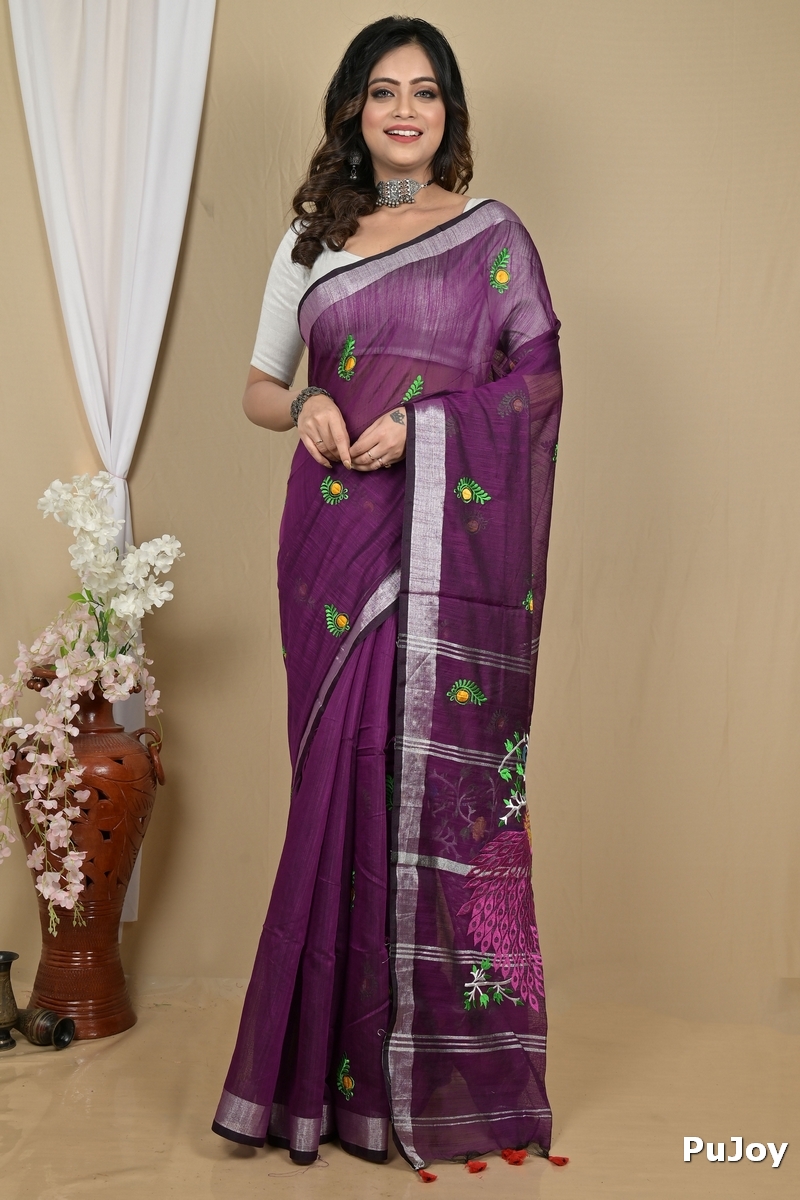 Purple Blended Cotton Gijaa Embroidery Handloom saree (2163)