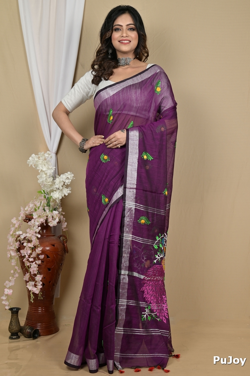 Purple Blended Cotton Gijaa Embroidery Handloom saree (2163)