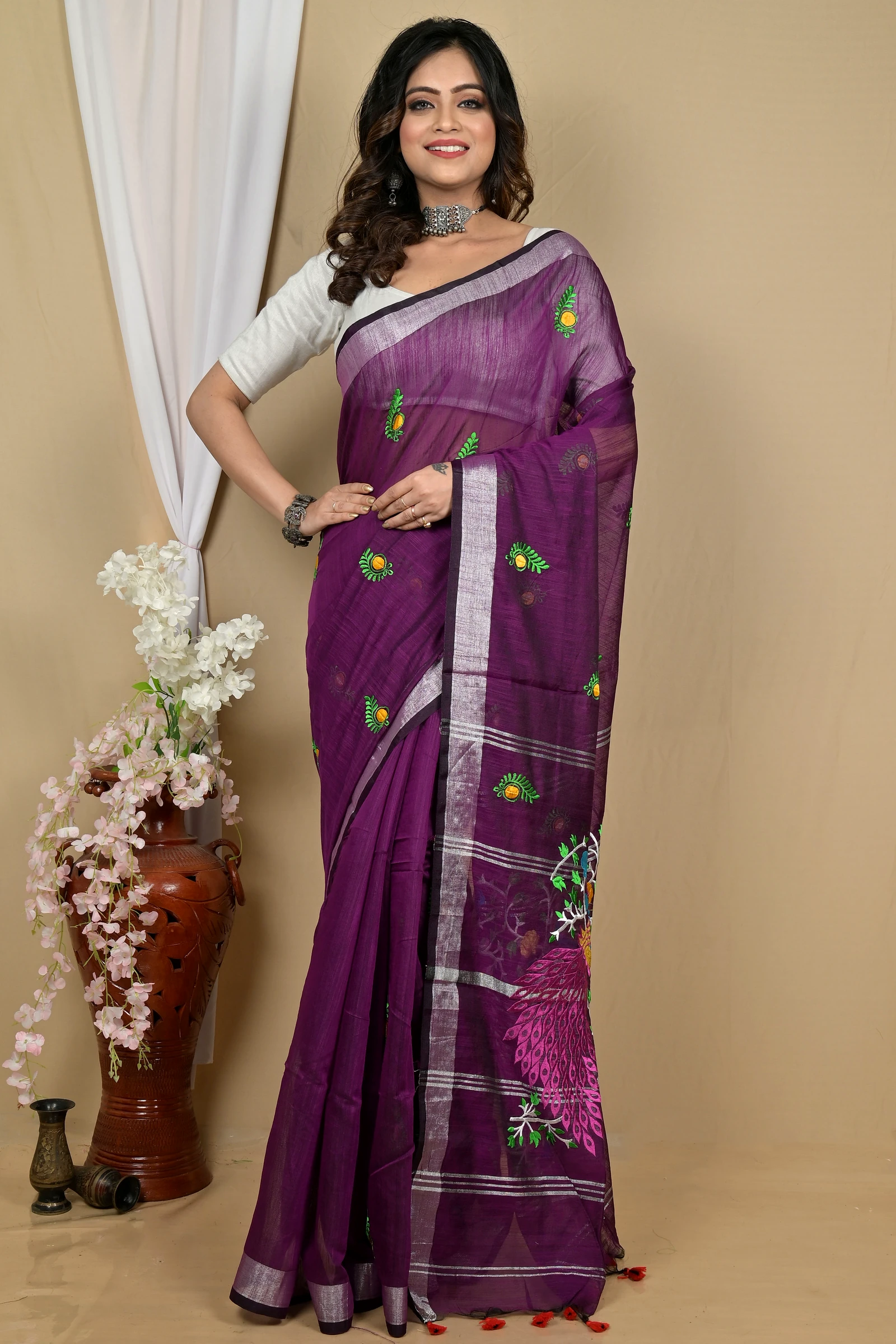 Purple Blended Cotton Gijaa Embroidery Handloom saree (2163)