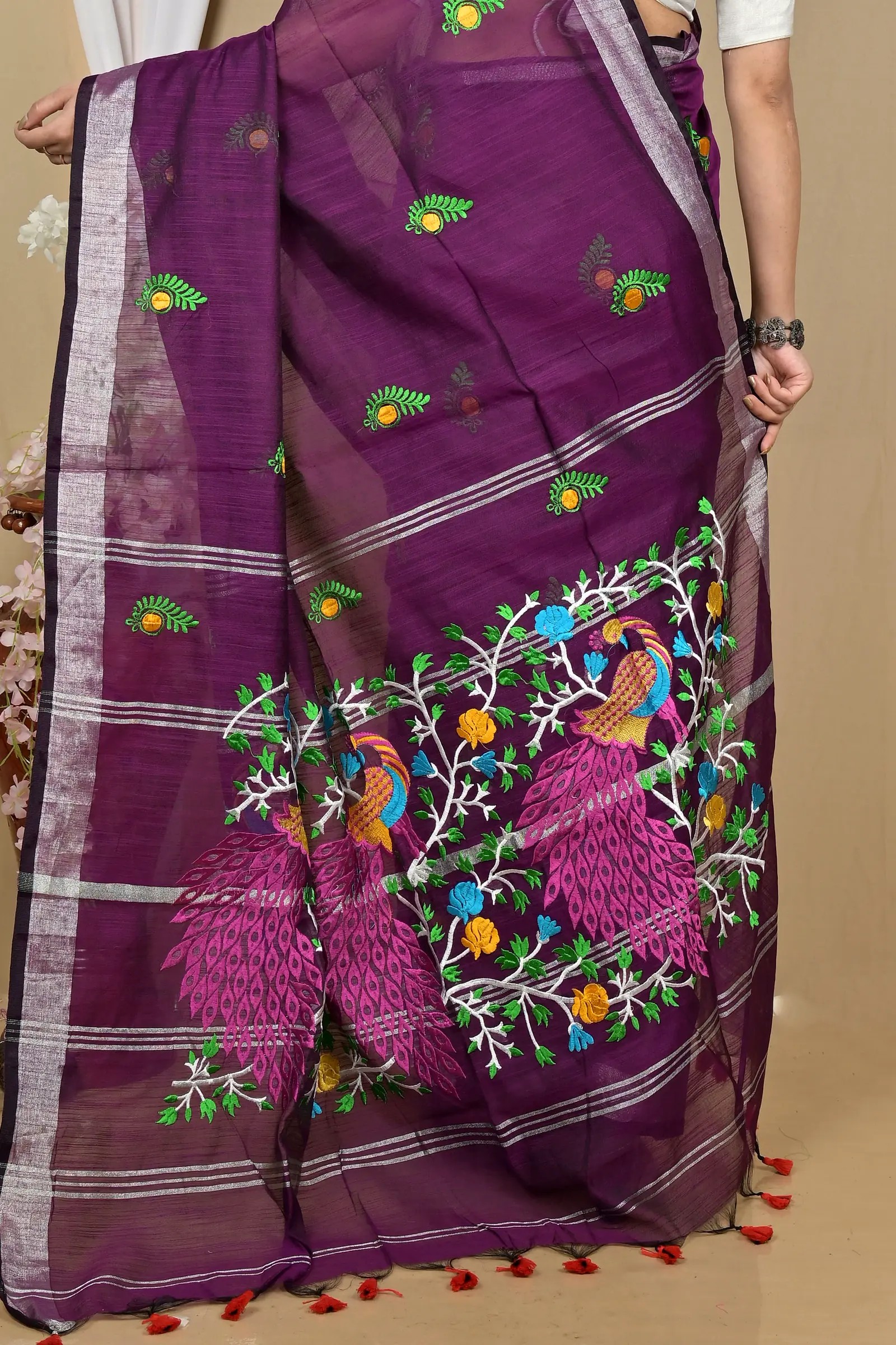 Purple Blended Cotton Gijaa Embroidery Handloom saree (2163)