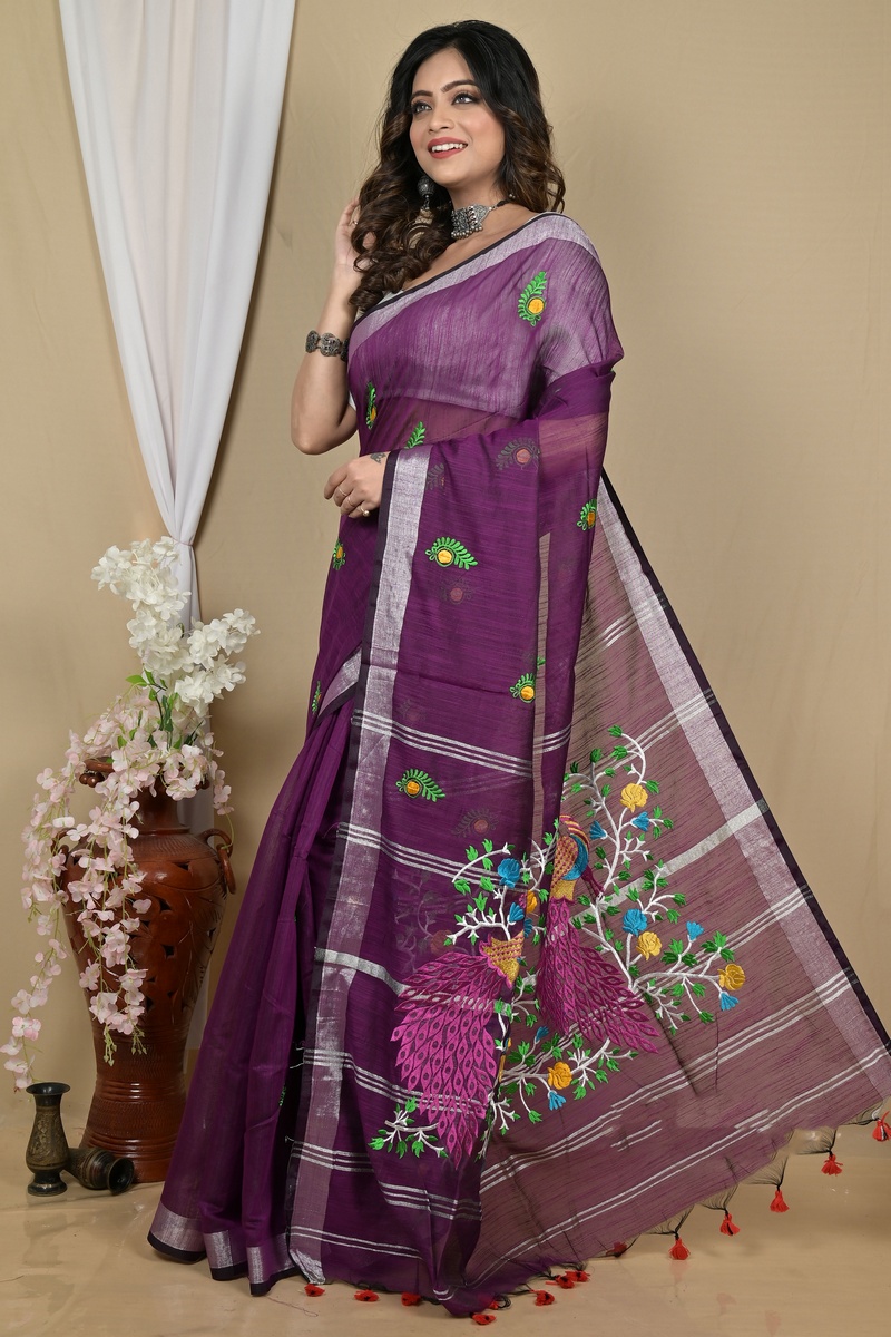 Purple Blended Cotton Gijaa Embroidery Handloom saree (2163)