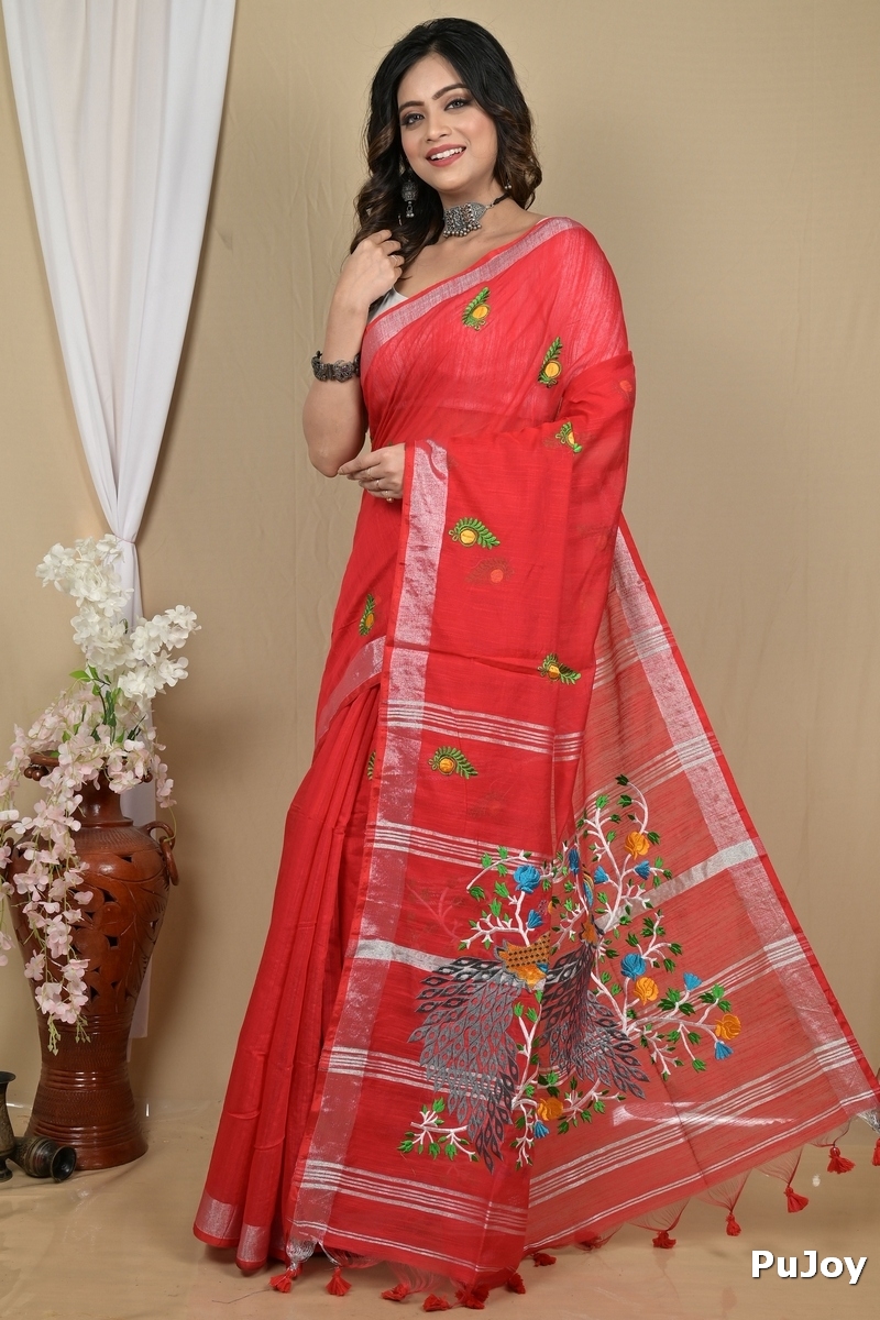 Red Blended Cotton Gijaa Embroidery Handloom saree (2164)