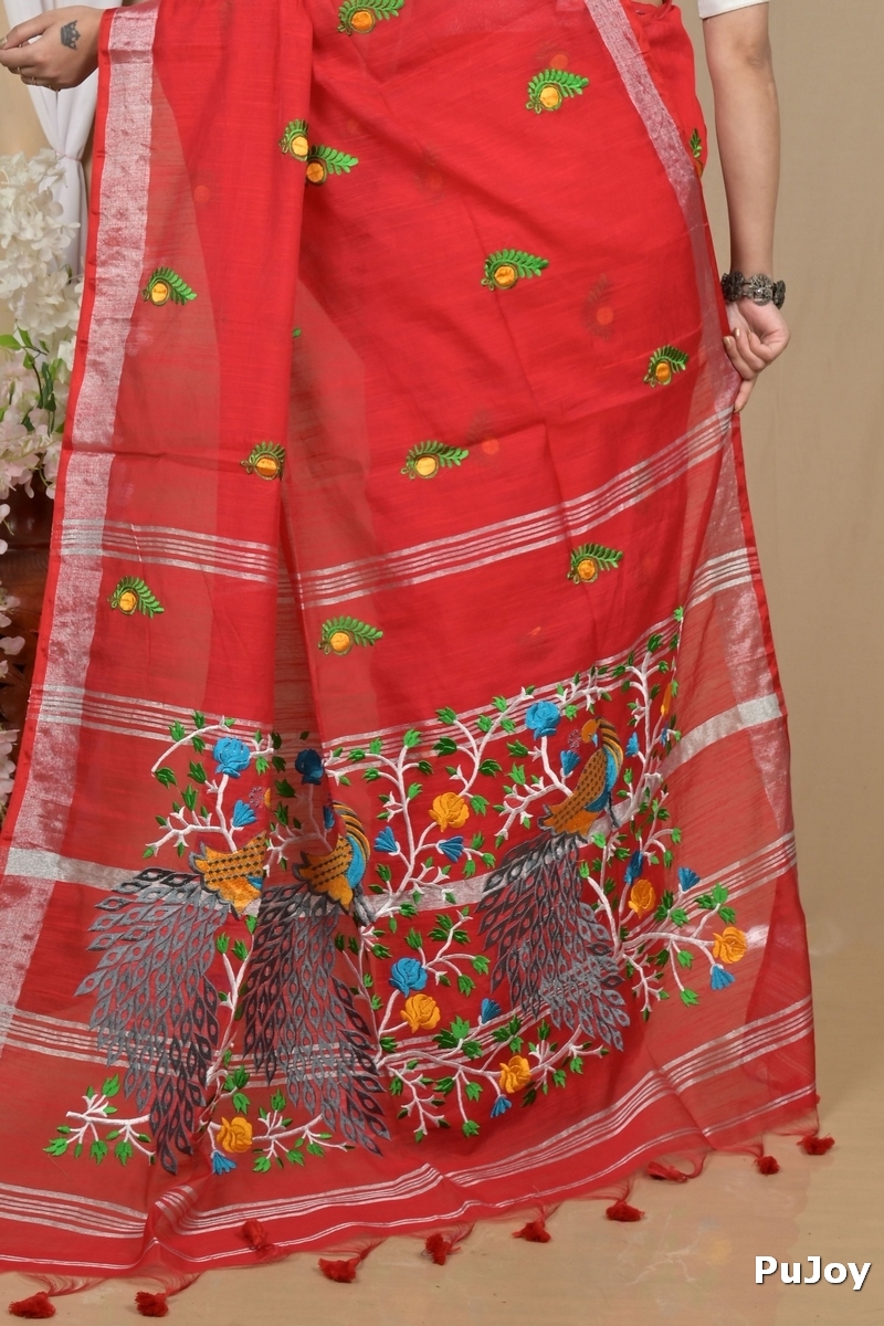 Red Blended Cotton Gijaa Embroidery Handloom saree (2164)